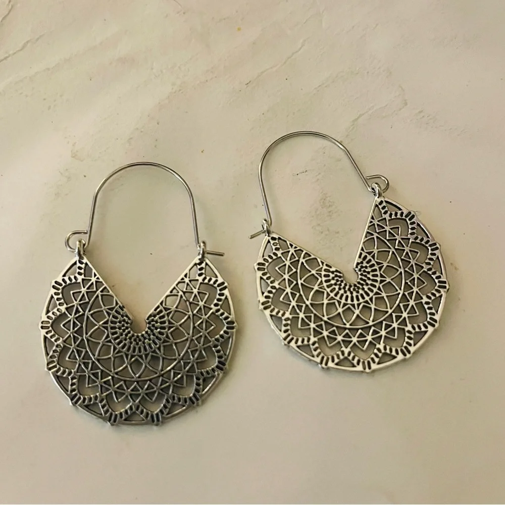 New Bohemian Mandala Minimalist Cut Out Hypoallergenic Silver Hoop Earrings